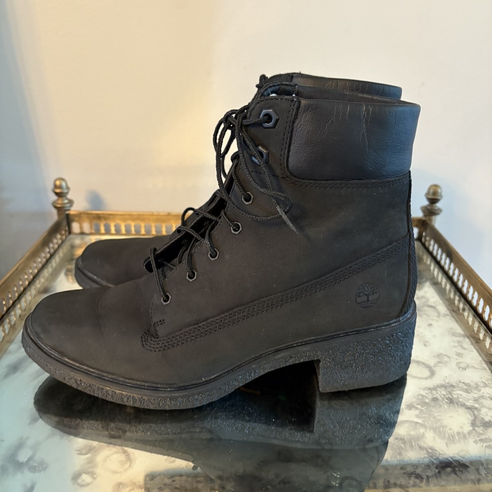 Timberland Boots Womens Size 7 Black A1JXI Ortholite Nubuck Lace Up Chunky‎ Heel